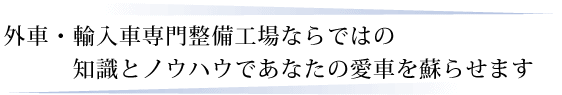 外車・輸入車専門整備工場ならではの知識とノウハウであなたの愛車を蘇らせます